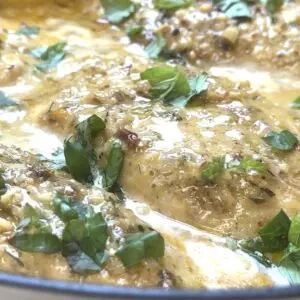 Creamy chicken thighs with herbs and spices in a savory sauce, garnished with fresh parsley leaves.